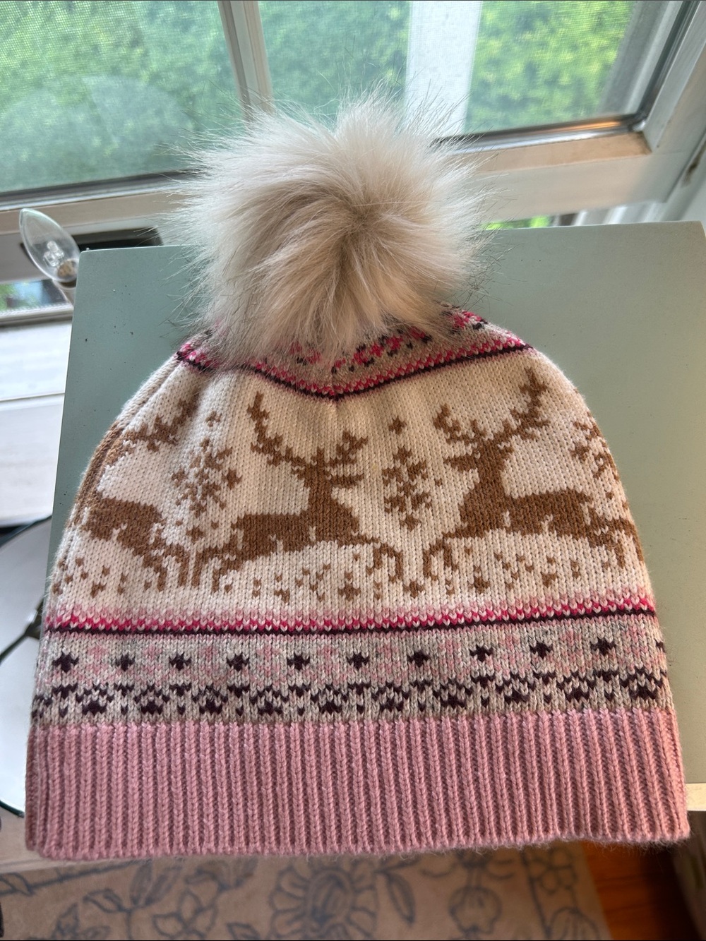 Talbots Pink, Cream and Brown Reindeer Pom Beanie